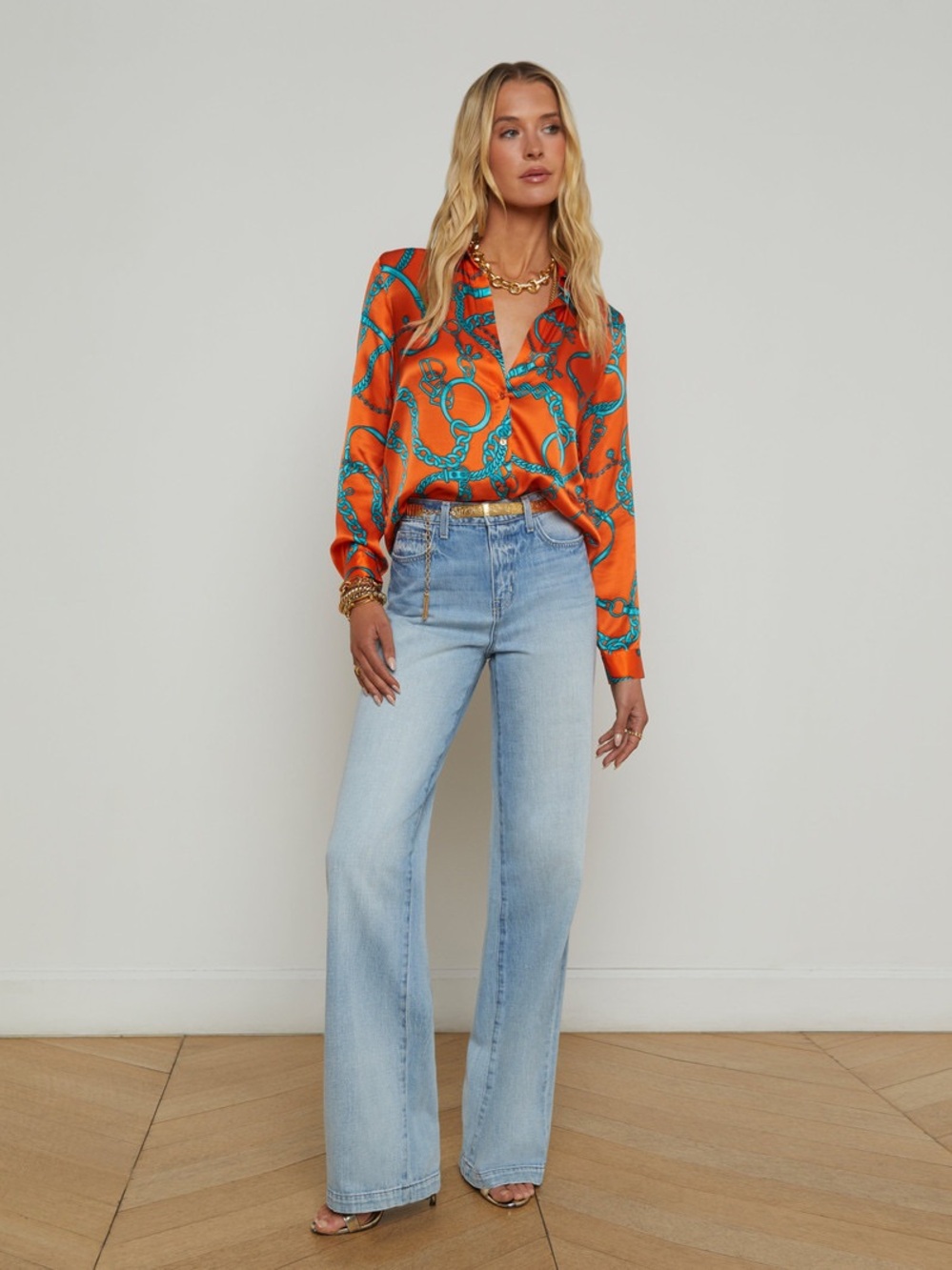 NWT L'Agence Buckle Chain Tyler Silk Blouse In Orangeteal Buckle Chain - Picture 3 of 7